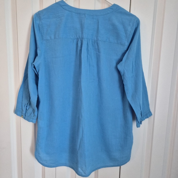 J. Jill XS Petite Blue Gauze Cotton Henley Tunic 3/4 Sleeve Hi/Low Hem Blouse - Picture 4 of 7